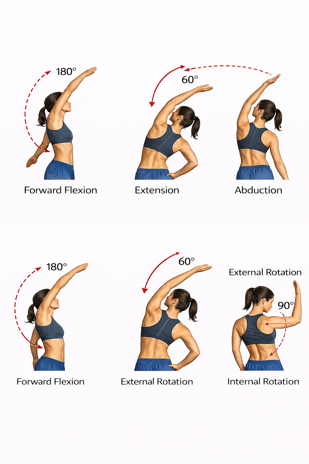 המחשת תנועות כתף וזוויות ROM לפי AAOS: כפיפה 180°, פשיטה 60°, אבדוקציה 180°, רוטציה חיצונית 90°, רוטציה פנימית 70°